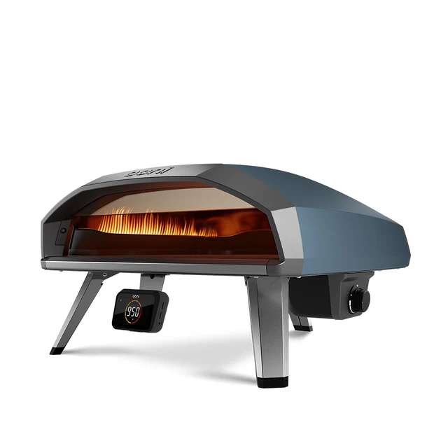 A golden roast chicken cooking inside the Koda 2 Pro with the ViewFlame glass door closed